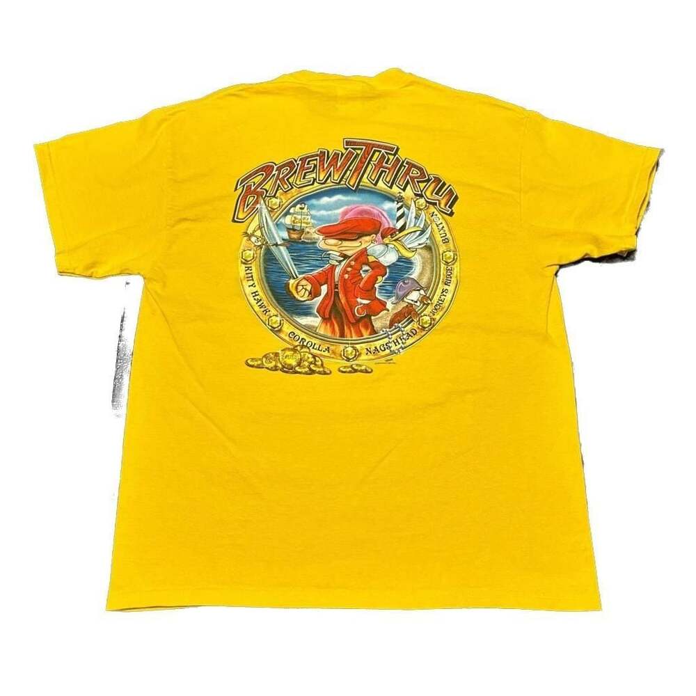 Vintage 2001 Brew Thru Outer Banks NC Pirate Graphic T-Shirt Yellow